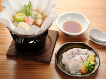 Hitomaru Kadan Taian Sannomiya_Tai no Furifuri Nabe: comes with fresh sea bream that can be eaten shabushabu-style (boiled and dipped in vegetables) or as sashimi.