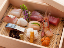 Kyoshoku Fuji-ya_Sashimi Set: A serving for one in a wooden box that is made from paulownia.
