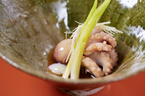 Nuji_Cooked with full knowledge of when the meat becomes most tender - "Boiled ocellated octopus legs served with lily bulb and ginger slices"