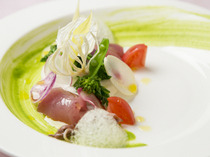 French Restaurant Mori _Inspired by spring: "Young onion mousse and seafood marinade"