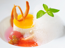 Ashiya French Kitajima_Home-Made Dessert [Mousse of Coconut and Yellow Peach Served with Fruit Bubbles]