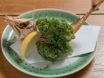 Izakaya Marusa Main branch_[Double-Lined Fusilier Wrapped and Fried with Blue Lettuce] Fish is wrapped with fresh blue lettuce and deep-fried crispy.