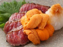 Sushi Nagayoshi_Seared Beef with Sea Urchin - You can enjoy the great flavors. Beef and sea urchin makes for an excellent combination. 