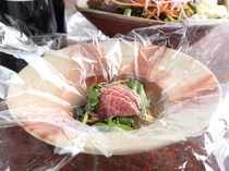 Bifteck Kawamura Premium Kitashinchi restaurant_[Special Japanese Black Beef Wrapped Boiled -Sukiyaki Style-], divinely tender and steamed in a heat-resistant sheet.