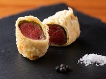 Tempura Miyashiro_Wagyu Beef Chateaubriand wrapped in Bean Curd Skin - the textures of the tofu skin and the beef perfectly match