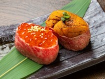 Takiniku Meijin Wagyu Maru Ebisu Branch_Meat Sushi: Uniku, Nikura (1piece) - You can enjoy the perfect combination of meat, sushi rice, and seafood.