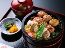 Funachu Asakusa-hanakawado Branch_Char-grilled Yakitori bowl with wild vegetables - Using the brand name Nichinan chicken and original tsukune (grilled chicken meatballs).