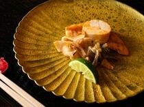 Akasaka Shikian Yoetsu_Grilled Fugu with sauce and Monkfish Liver - offers a grilled aroma and plump texture.