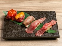 Niku no Asatsu_Various Meat Sushi - Enjoy the deliciousness of Omi Beef in an elaborate style.