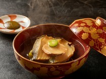 Oryori Sogo_Shodoshima Natural Black Abalone and Mitoyo Eggplant Soup - The mellow aroma and flavor soak into the body.