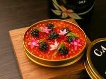 Gion Vitra_Caviar OSCIETRA with Salmon Roe marinated in kombu soy sauce champagne - The red and black color makes it a gorgeous sight for the eyes.